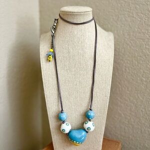 NWT Blue, White, Yellow Specialty Beads on Gray Cord with Lg Clasp + Bling Ring